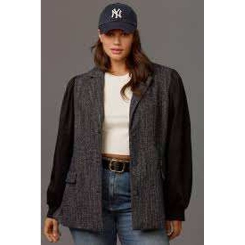 Maeve Anthropologie Mixed Media Tweed Puff Sleeve Blazer Jacket  black grey US 8